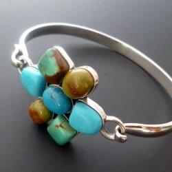 Silver Turquoise Bangle - Sterling Silver and Turquoise Flower Bracelet -OOAK