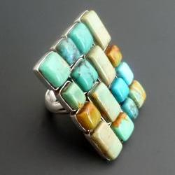 Turquoise Statement Ring - Huge Sterling Silver and Trurquoise Mosaic Statement Ring - Size 9.75